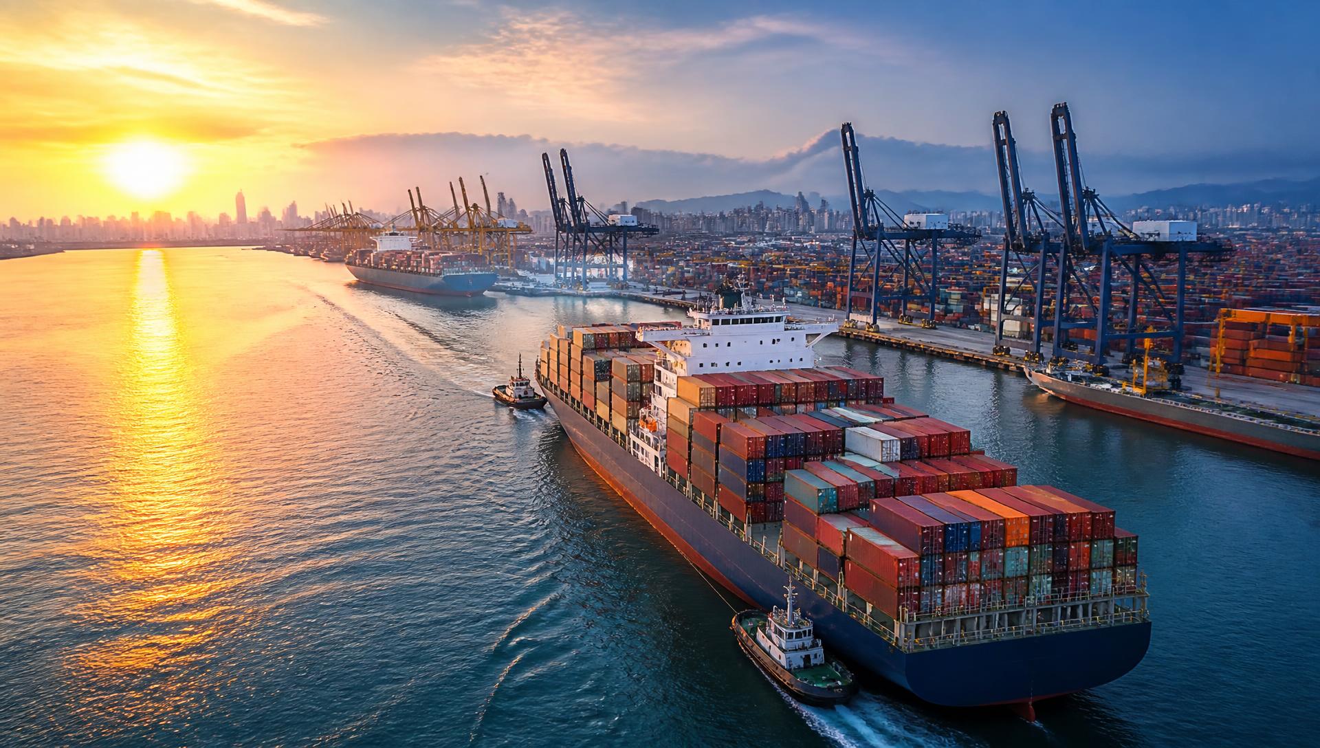 Container ship arriving at an international port at sunset